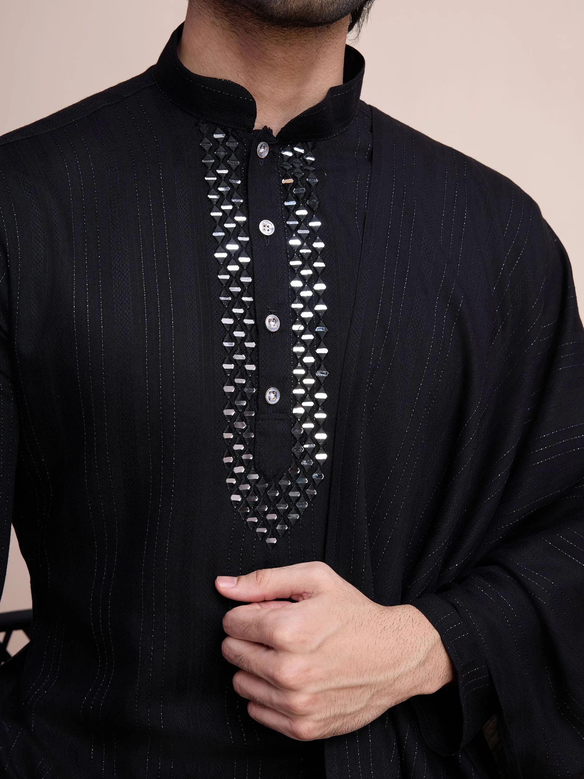 Black Colour Viscose Silk With Heavy Mirror Work Kurta Payjama