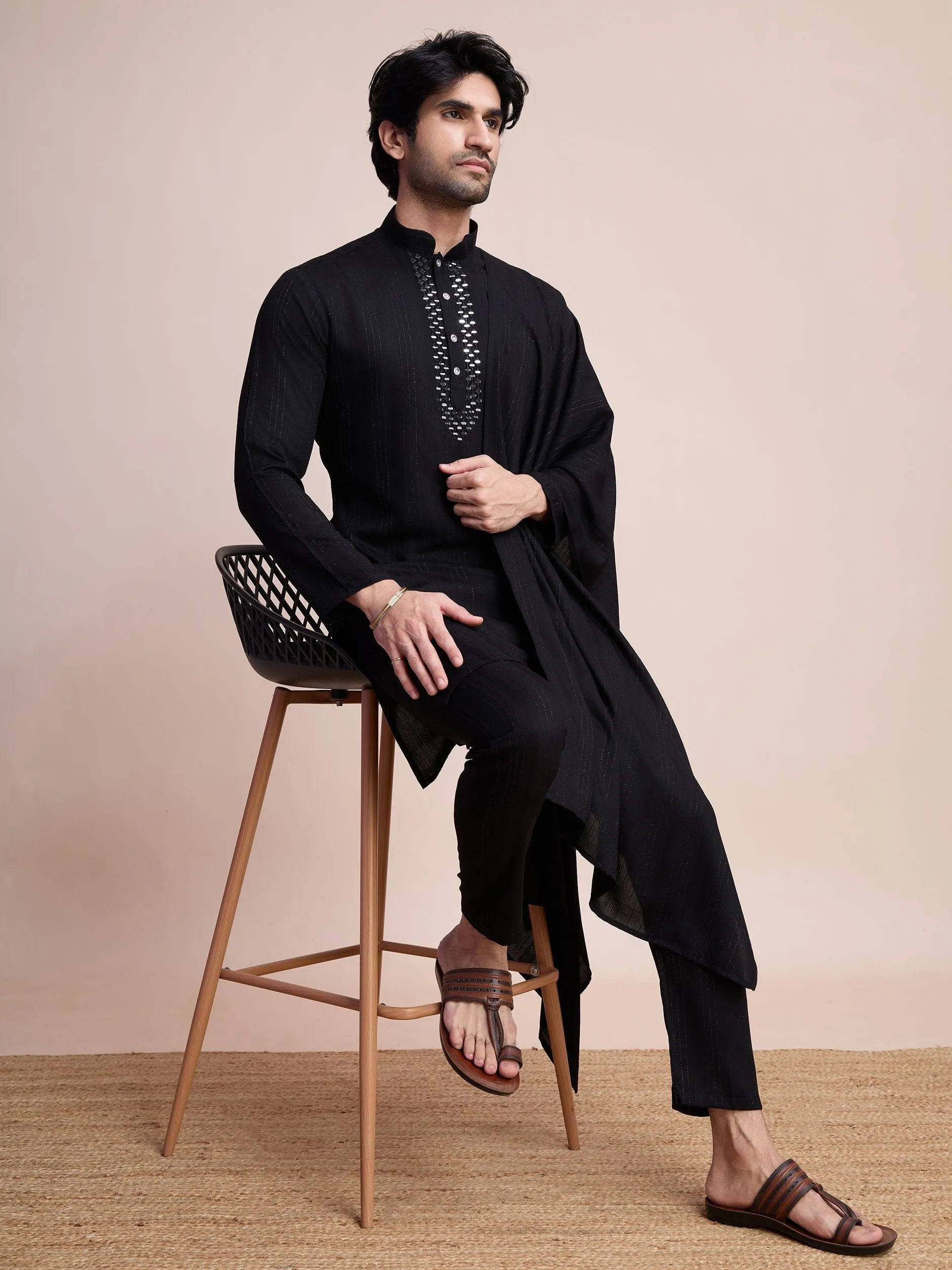 Black Colour Viscose Silk With Heavy Mirror Work Kurta Payjama