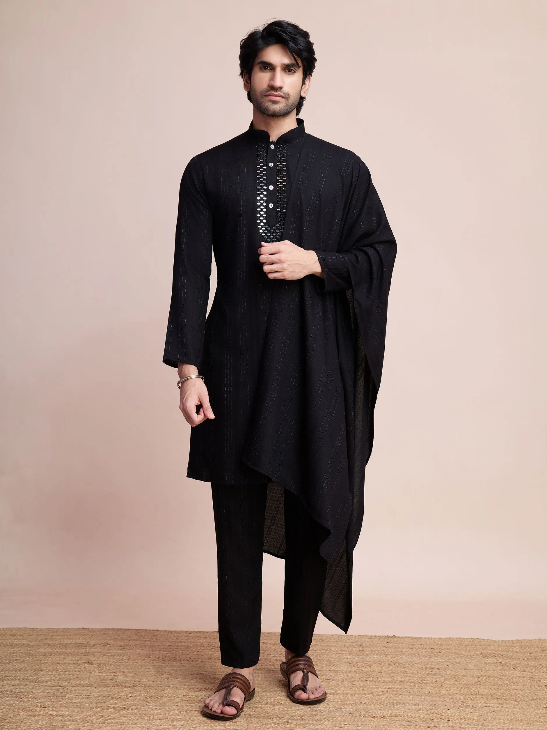 Black Colour Viscose Silk With Heavy Mirror Work Kurta Payjama