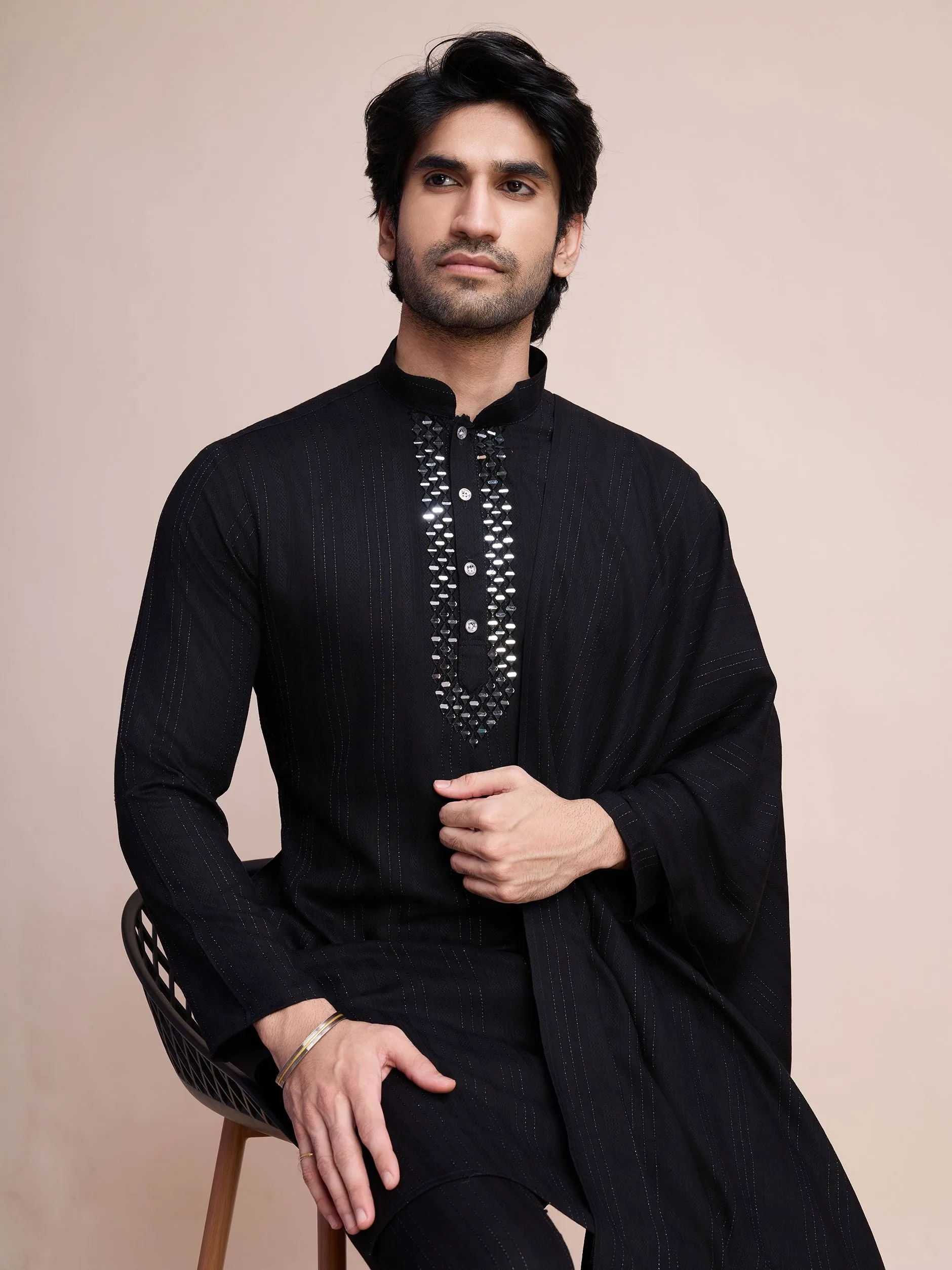 Black Colour Viscose Silk With Heavy Mirror Work Kurta Payjama