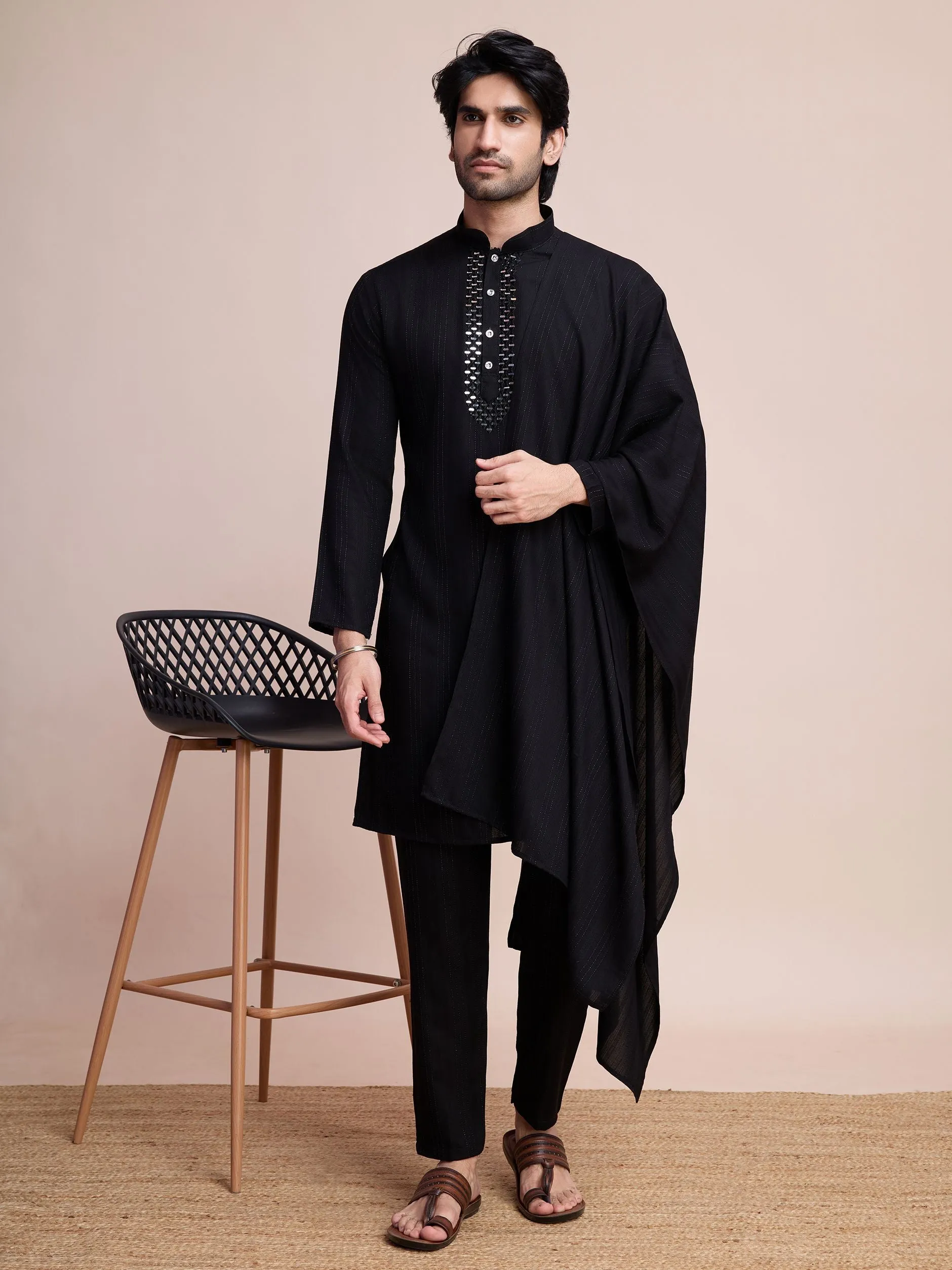 Black Colour Viscose Silk With Heavy Mirror Work Kurta Payjama