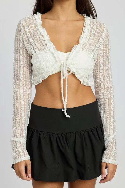 Black Lace front Tue crop top long sleeve cover up see through shirt womens fashion