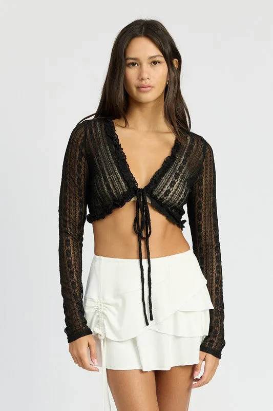 Black Lace front Tue crop top long sleeve cover up see through shirt womens fashion