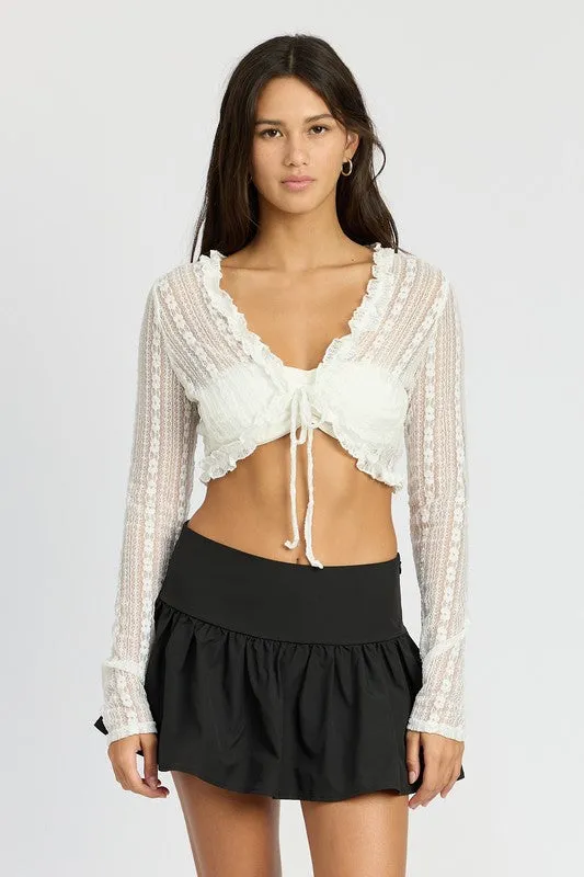 Black Lace front Tue crop top long sleeve cover up see through shirt womens fashion