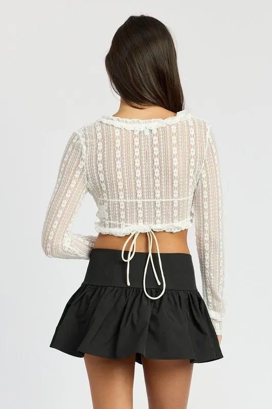 Black Lace front Tue crop top long sleeve cover up see through shirt womens fashion