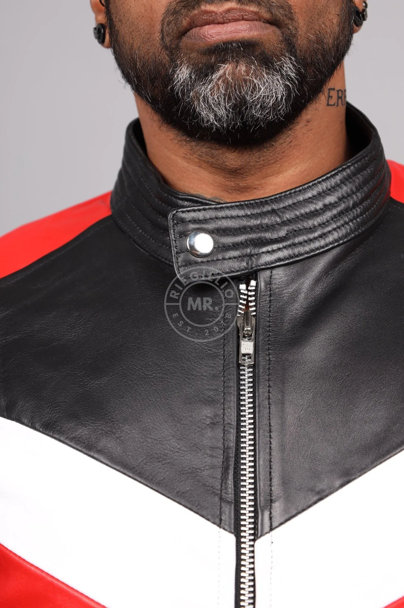Black Leather Jacket - Red & White Panels