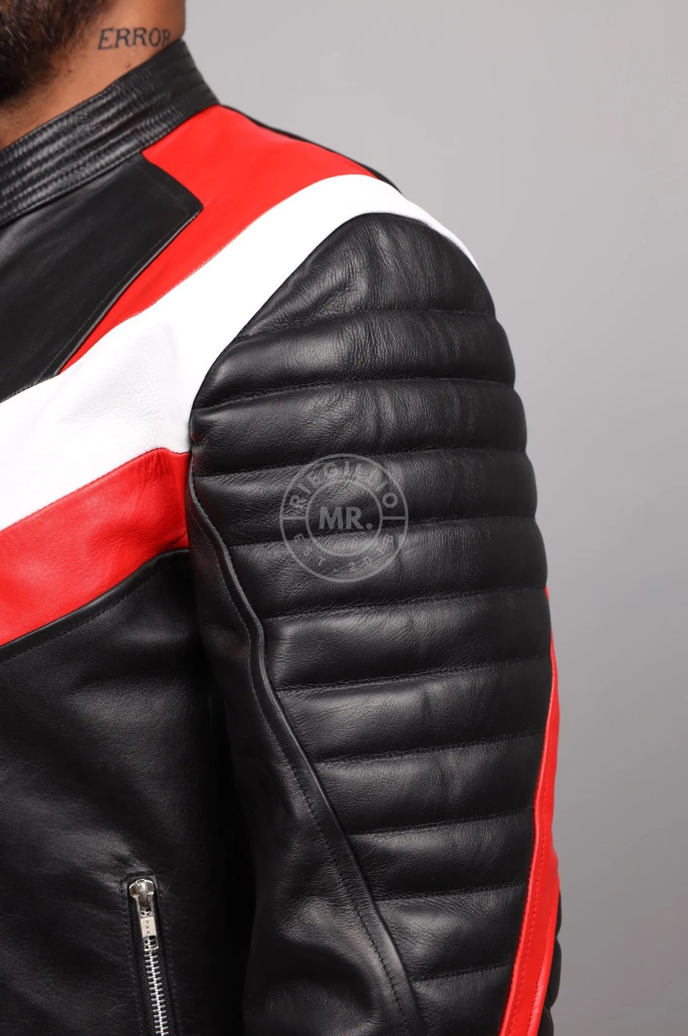 Black Leather Jacket - Red & White Panels