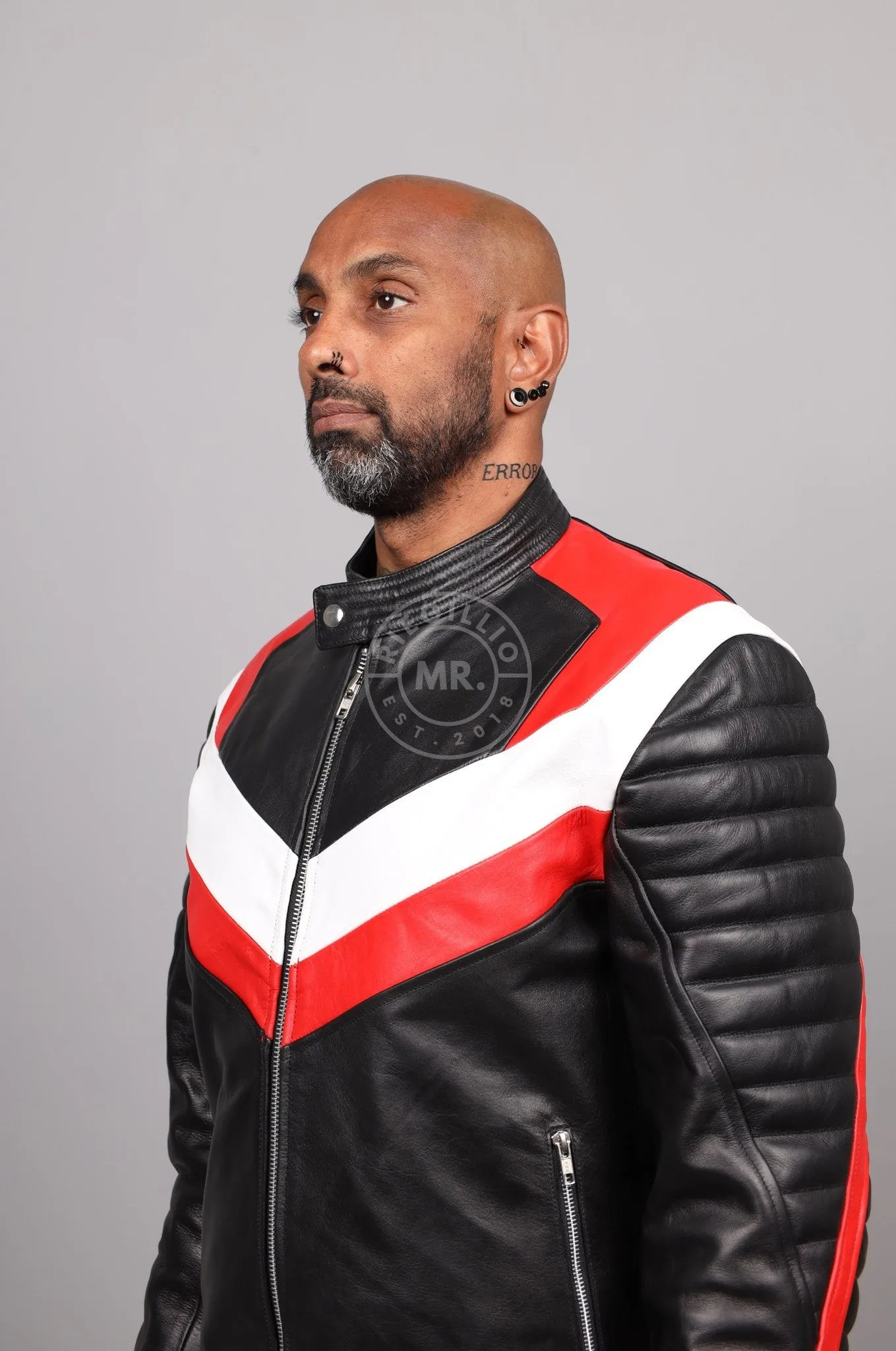 Black Leather Jacket - Red & White Panels