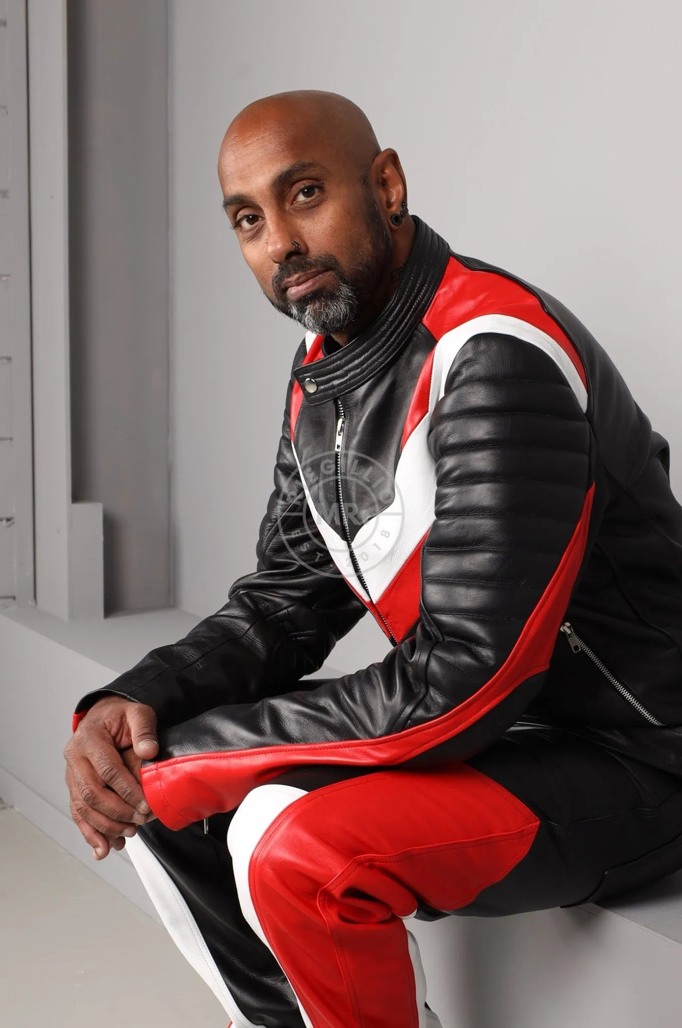 Black Leather Jacket - Red & White Panels