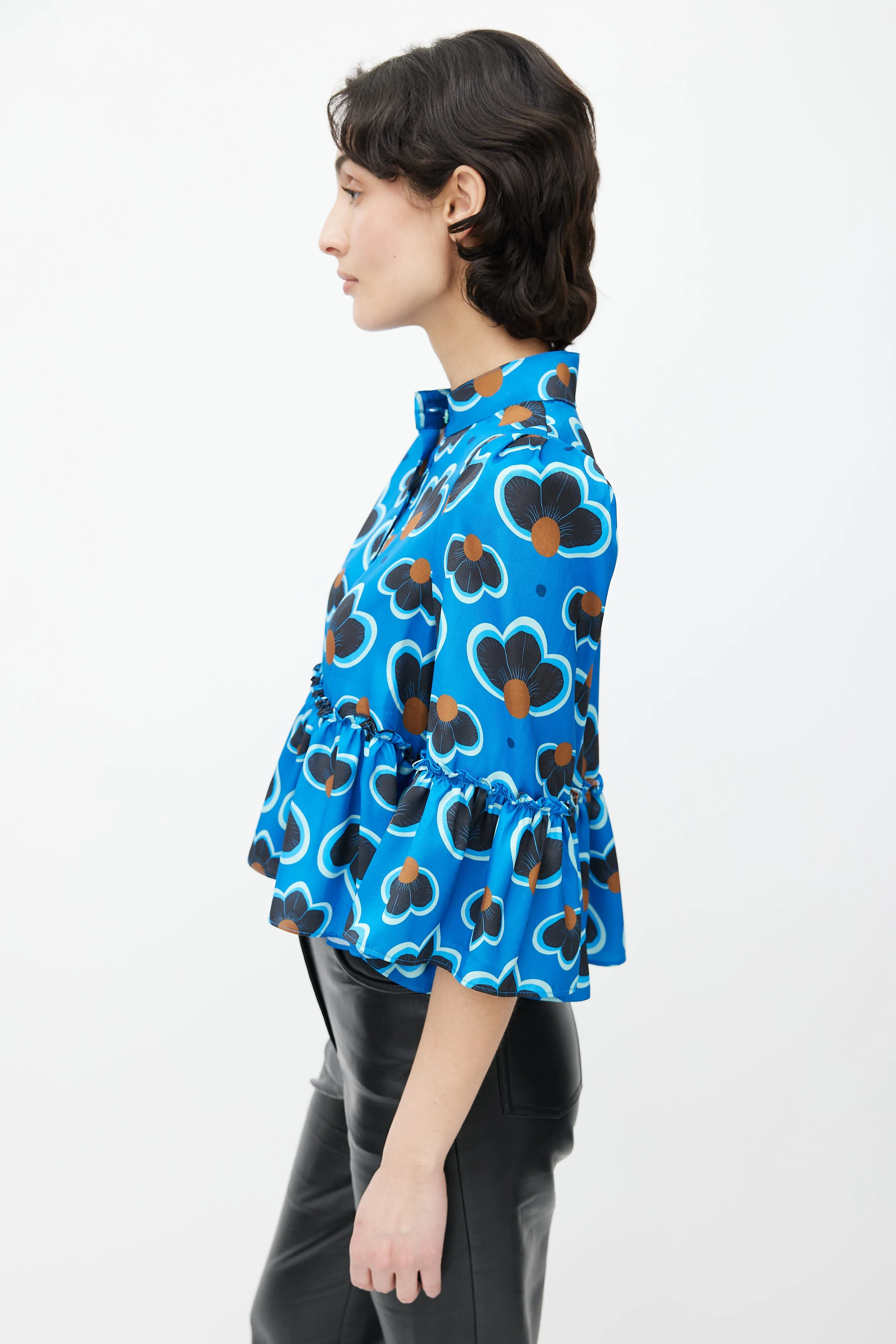 Blue, Brown & Green Printed Floral Ruffle Crop Blouse