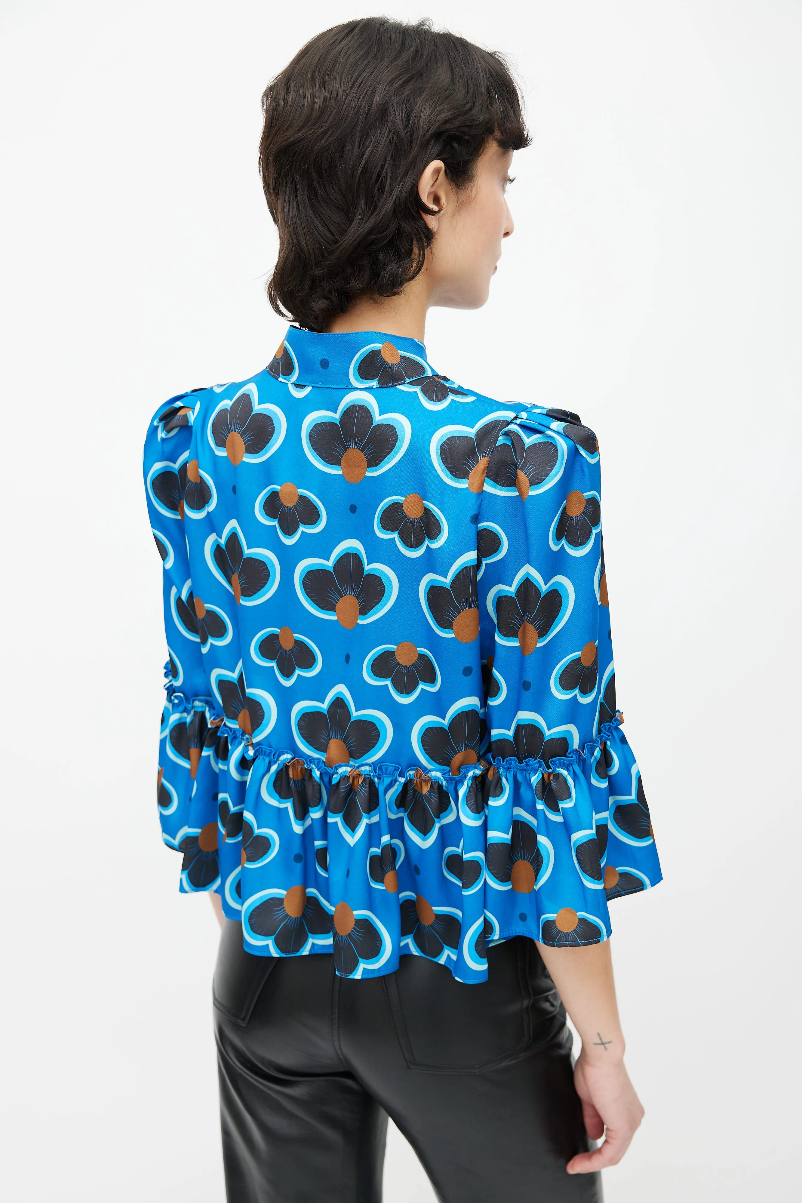 Blue, Brown & Green Printed Floral Ruffle Crop Blouse