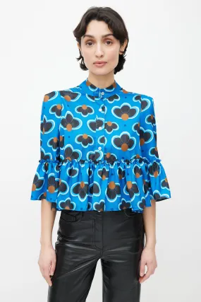 Blue, Brown & Green Printed Floral Ruffle Crop Blouse