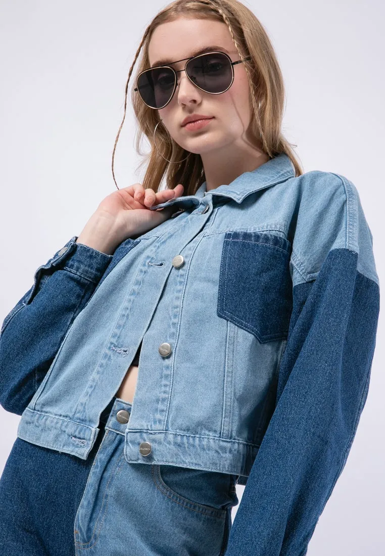 Colorblock Crop Denim Jacket