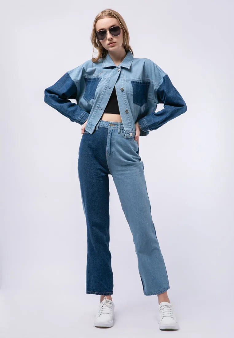 Colorblock Crop Denim Jacket