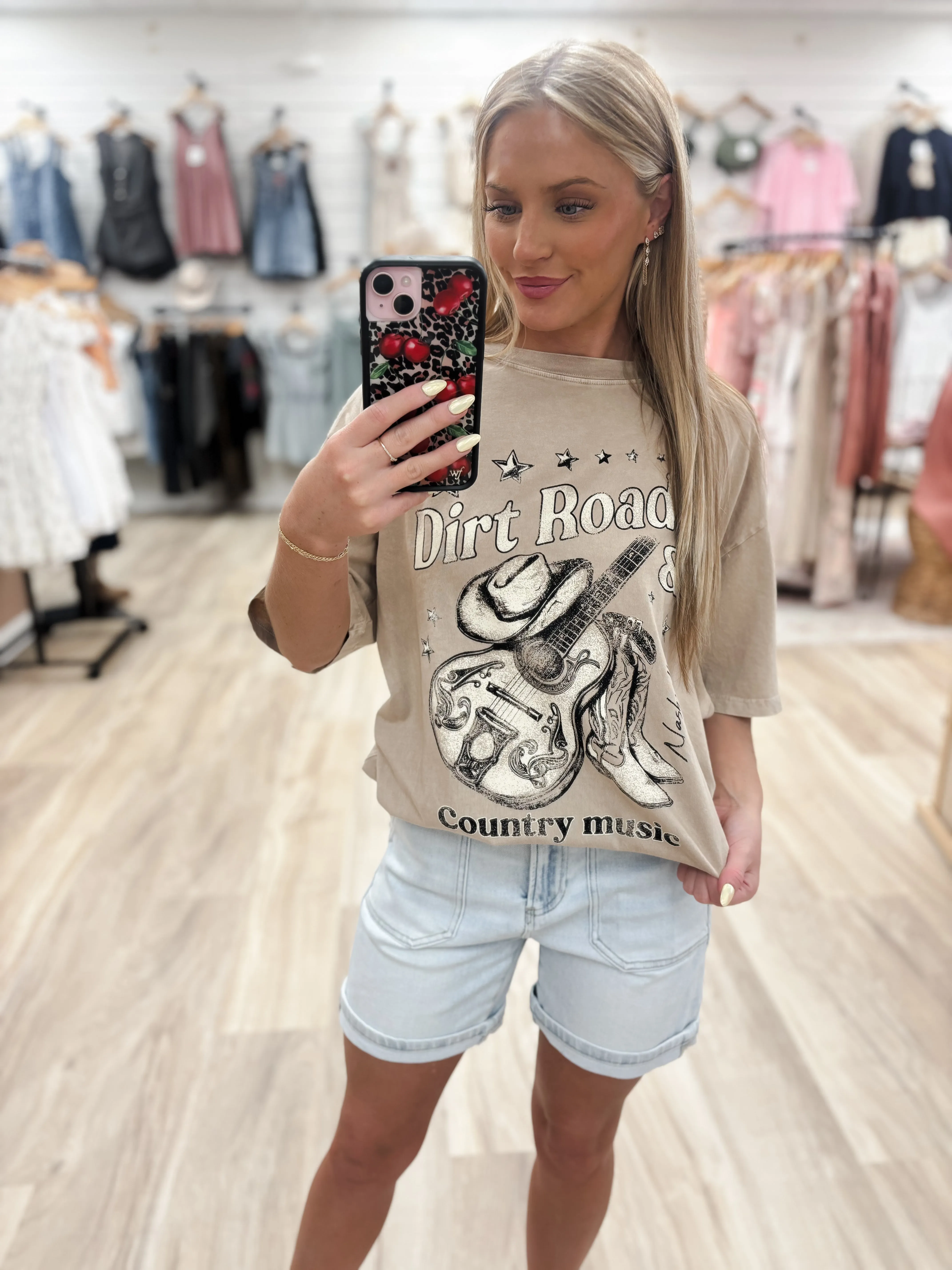 Dirt Roads N Country Music Oversized Mineral Taupe Graphic Tee