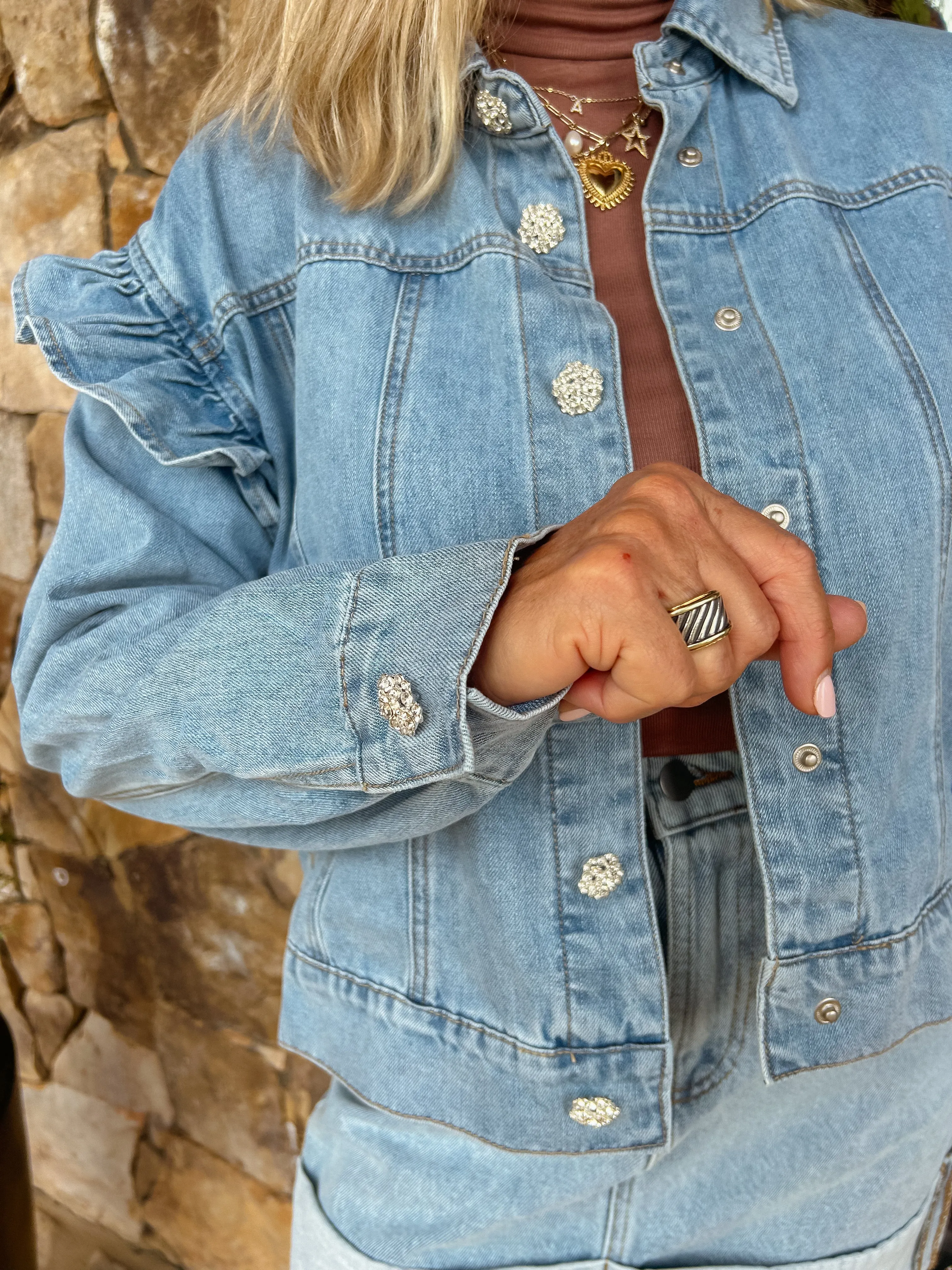 Easy To Style Rhinestone Button Denim Jacket