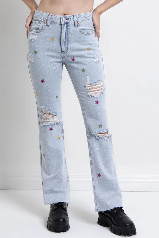 Embroidered Stars Distressed Jeans