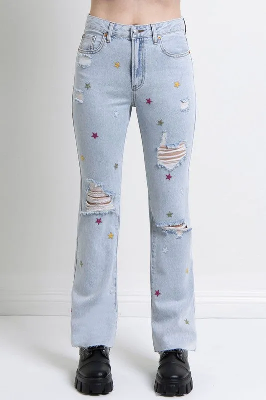 Embroidered Stars Distressed Jeans