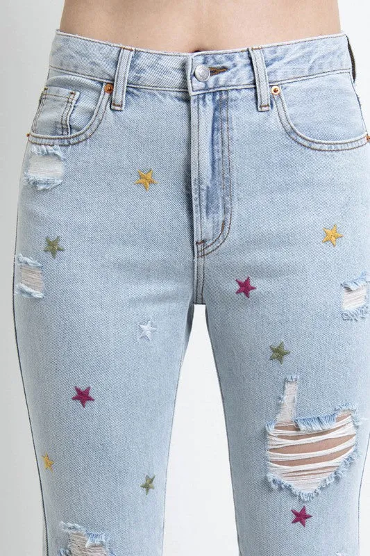 Embroidered Stars Distressed Jeans