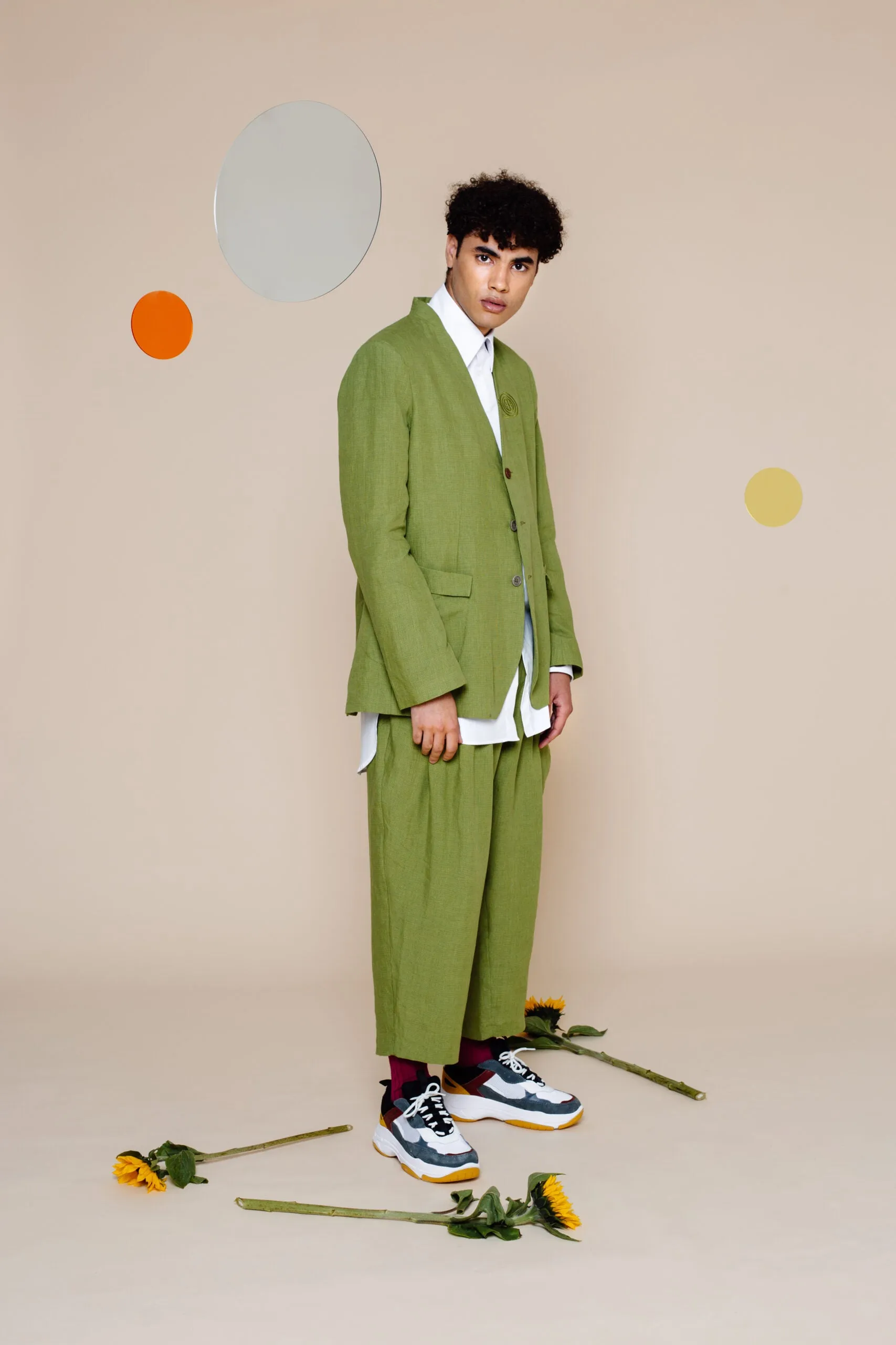 Embroidery Linen Suit with Baggy Trousers – Green