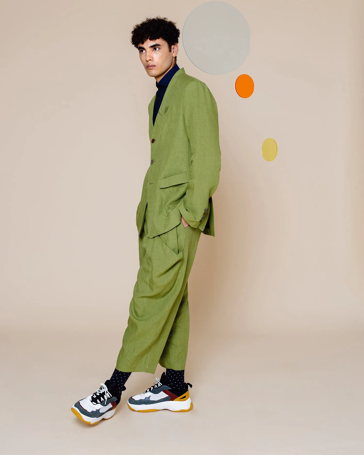 Embroidery Linen Suit with Baggy Trousers – Green