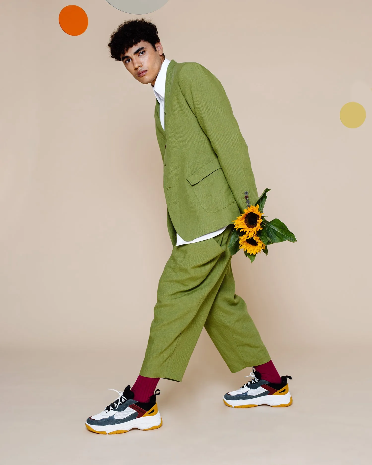 Embroidery Linen Suit with Baggy Trousers – Green