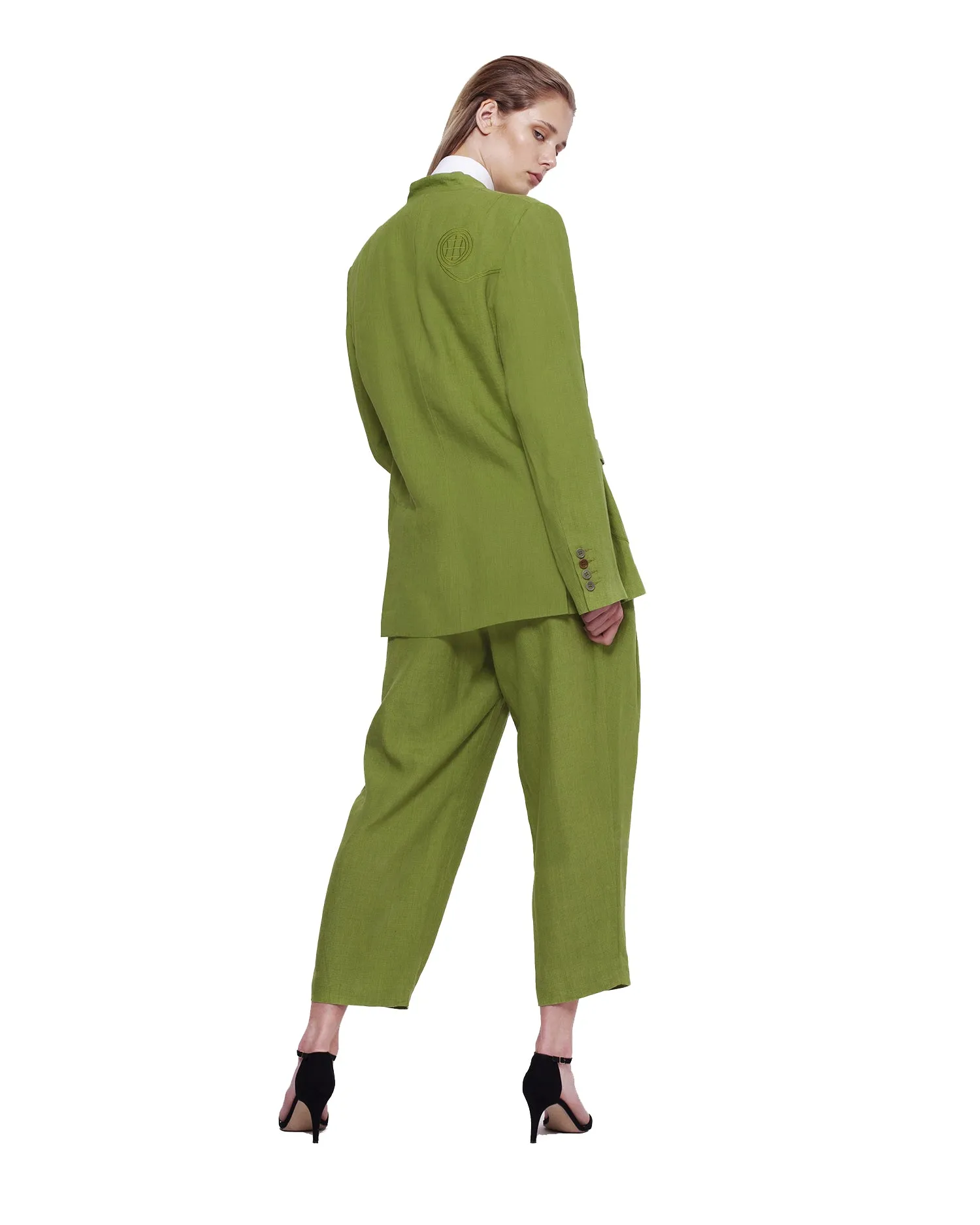 Embroidery Linen Suit with Baggy Trousers – Green
