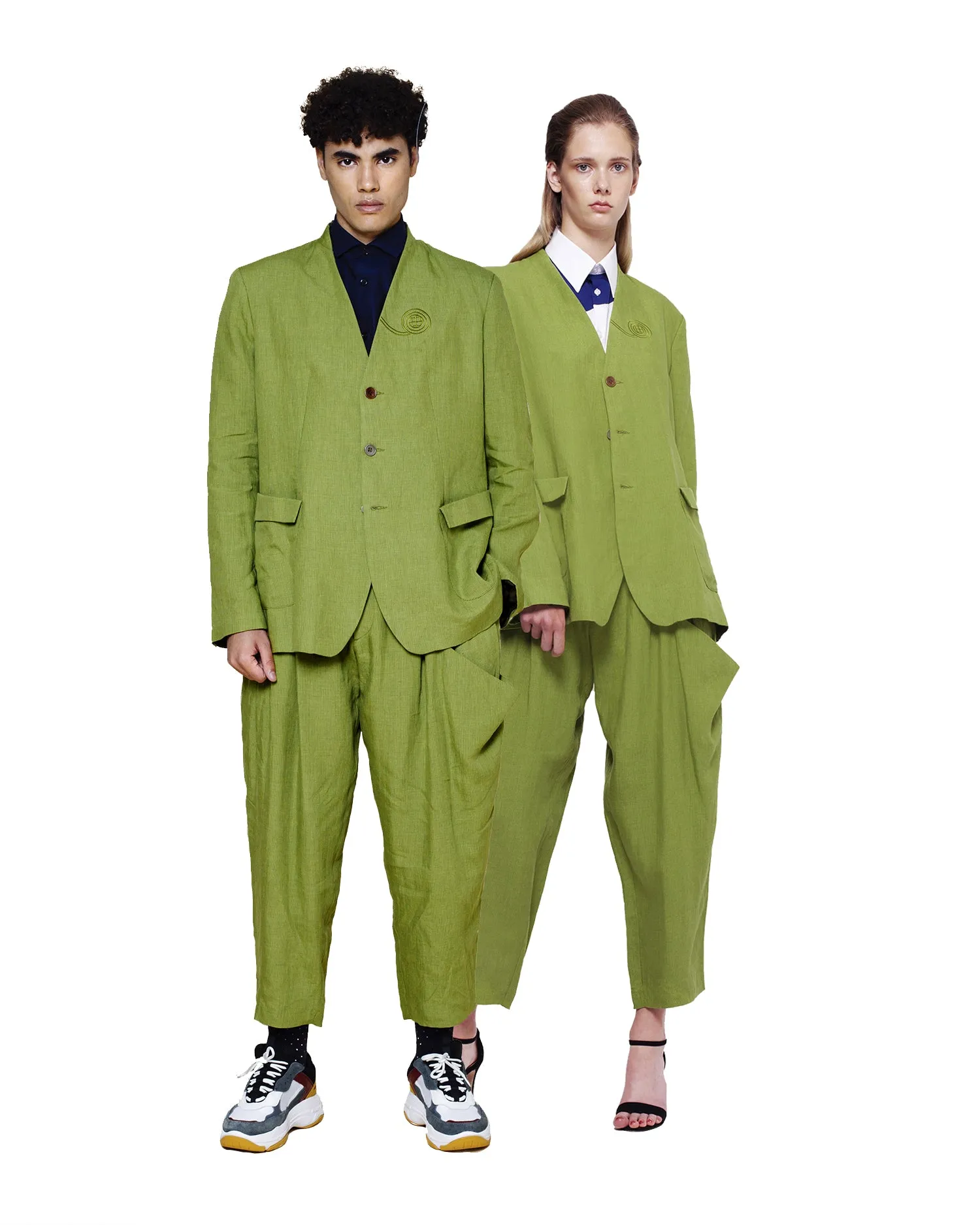 Embroidery Linen Suit with Baggy Trousers – Green