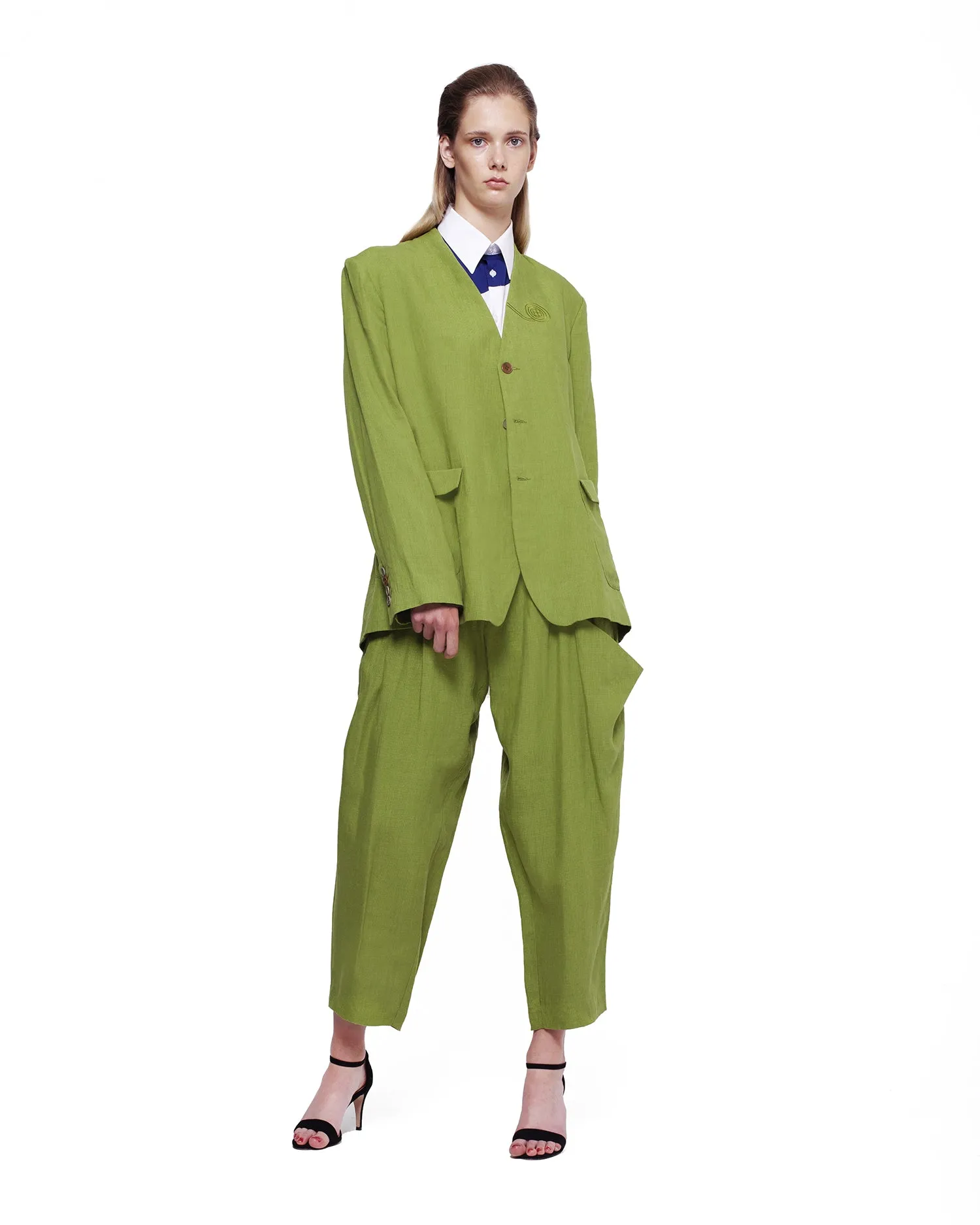Embroidery Linen Suit with Baggy Trousers – Green
