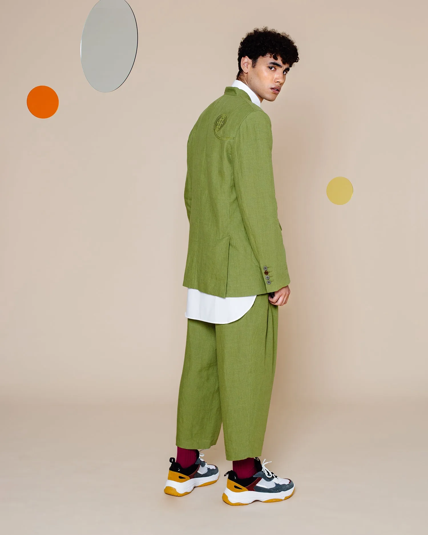 Embroidery Linen Suit with Baggy Trousers – Green