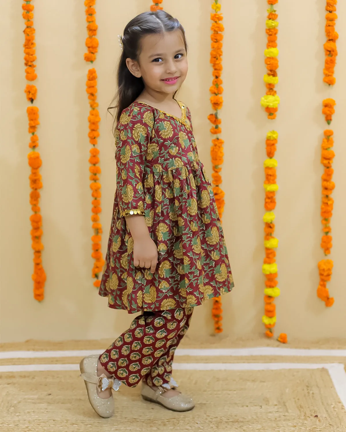 Ethnic Set-Rust Block Print Girls Anarkali Pajama Set with Rust Block Print Boys Dhoti Kurta Set
