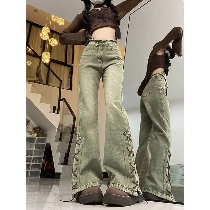 Grüne Y2K Micro-Flare Jeans mit Schnürdetails für Damen