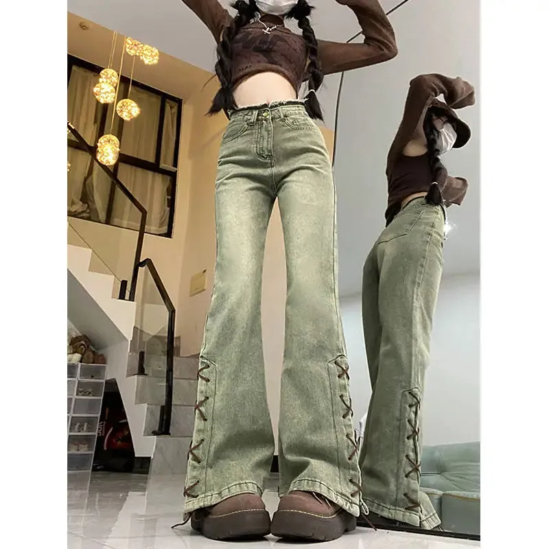Grüne Y2K Micro-Flare Jeans mit Schnürdetails für Damen