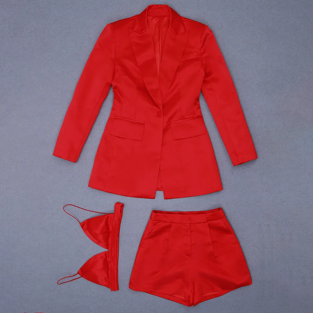 High Quality Red Satin Three Pieces Bandage Suit Sexy Long Sleeves Celebrity Fashion Party Club Blazer Coat Crop Tops Short Set