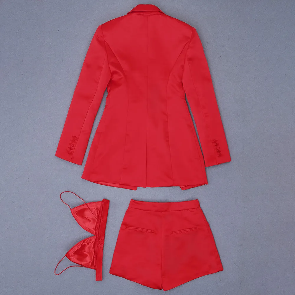 High Quality Red Satin Three Pieces Bandage Suit Sexy Long Sleeves Celebrity Fashion Party Club Blazer Coat Crop Tops Short Set