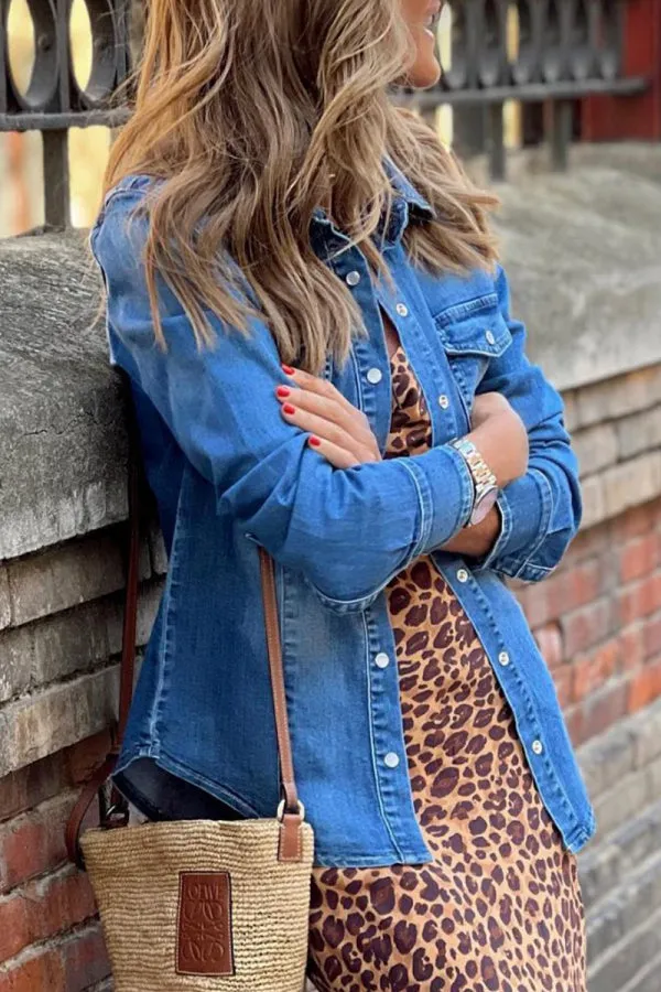 hulianfu - The cowboy blue Street Solid Pocket Turndown Collar Long Sleeve Loose Denim Jacket