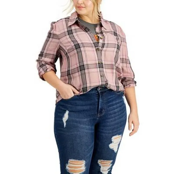 LoveFire Plus Size Raw Hem Plaid Button-Down Top