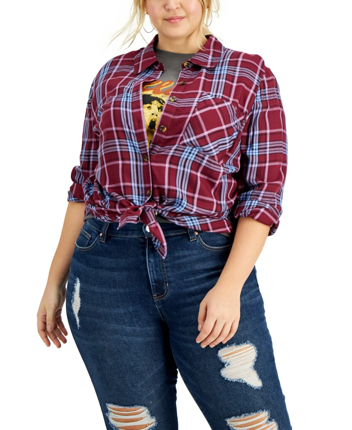 LoveFire Plus Size Raw Hem Plaid Button-Down Top
