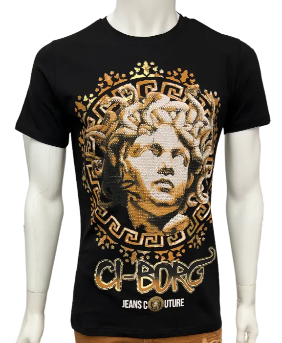 Men's Black Fashion design Graphic Tees with Gold Stone Printed