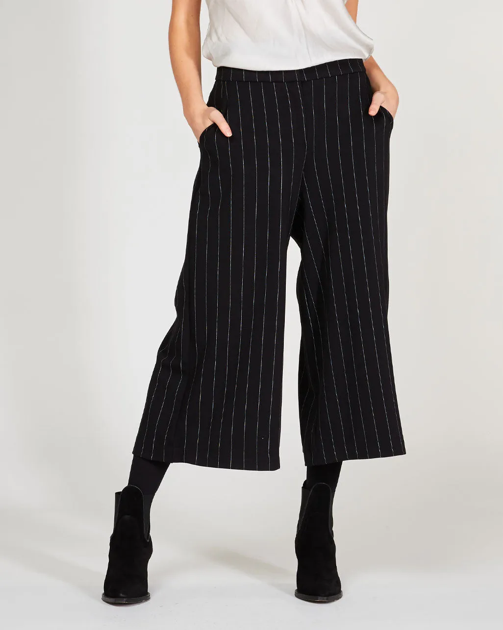 Pinstripe Pleated Wide Leg Trousers