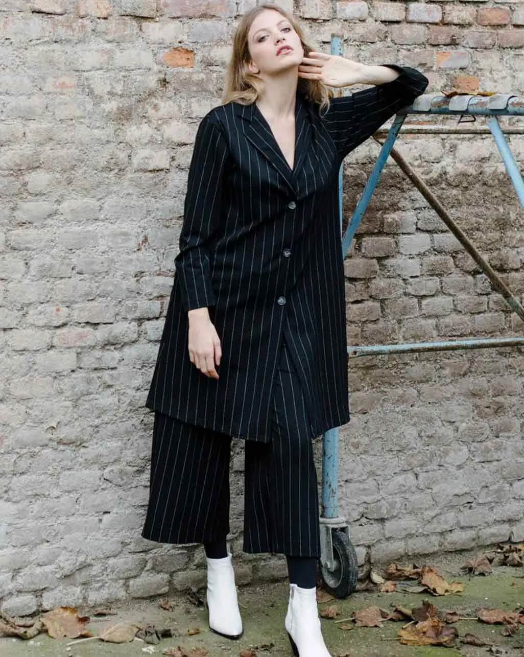 Pinstripe Pleated Wide Leg Trousers