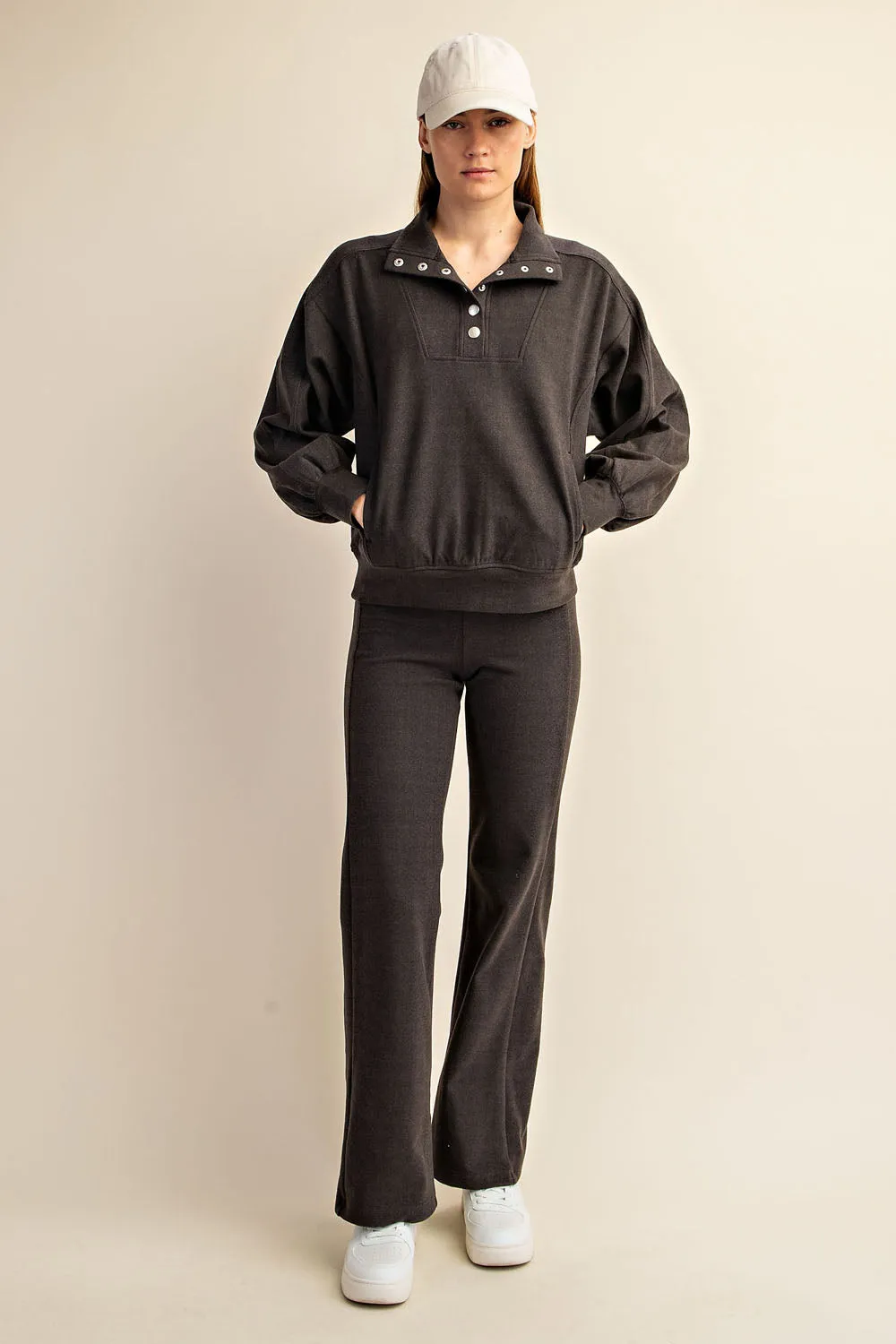 Rib Brushed Long Sleeve Button Down Pullover