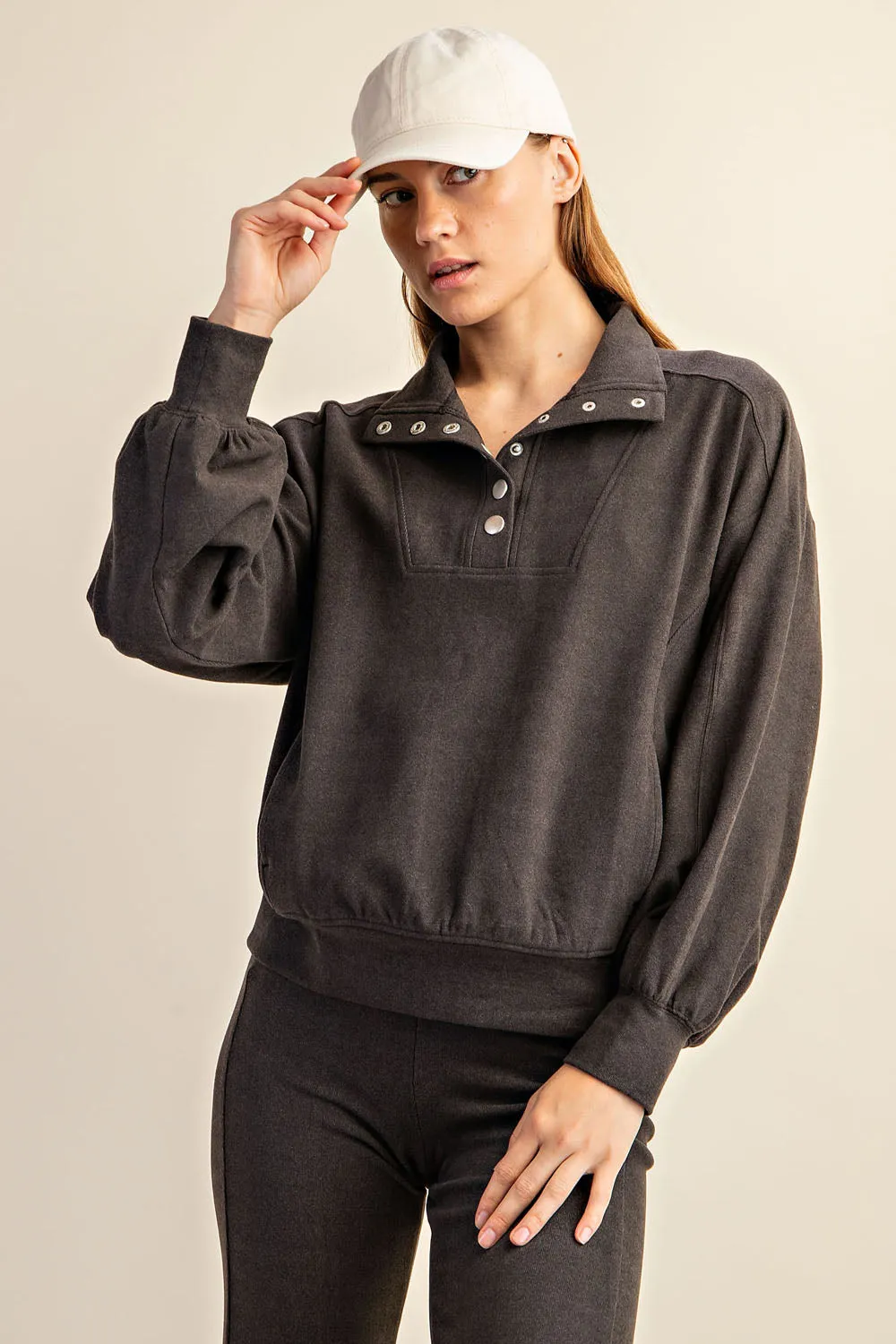 Rib Brushed Long Sleeve Button Down Pullover
