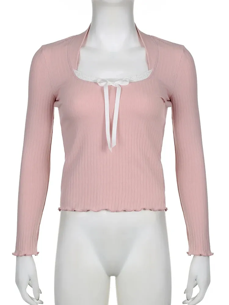 Rosa Spitzen-T-Shirt im Soft-Girl-Stil mit Quadratischem Kragen
