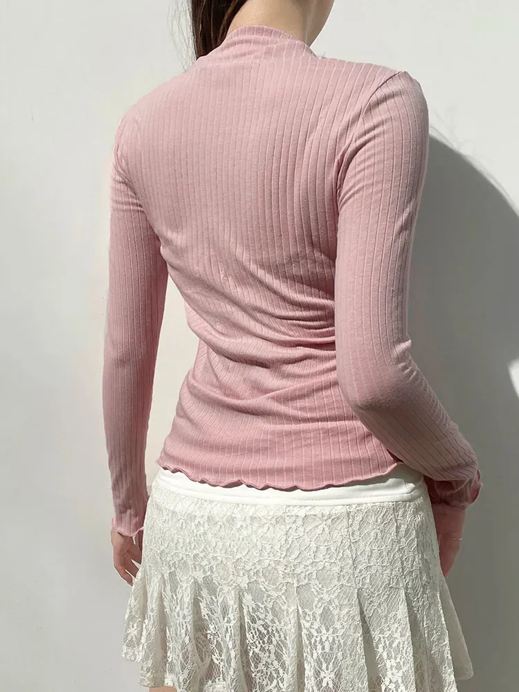 Rosa Spitzen-T-Shirt im Soft-Girl-Stil mit Quadratischem Kragen