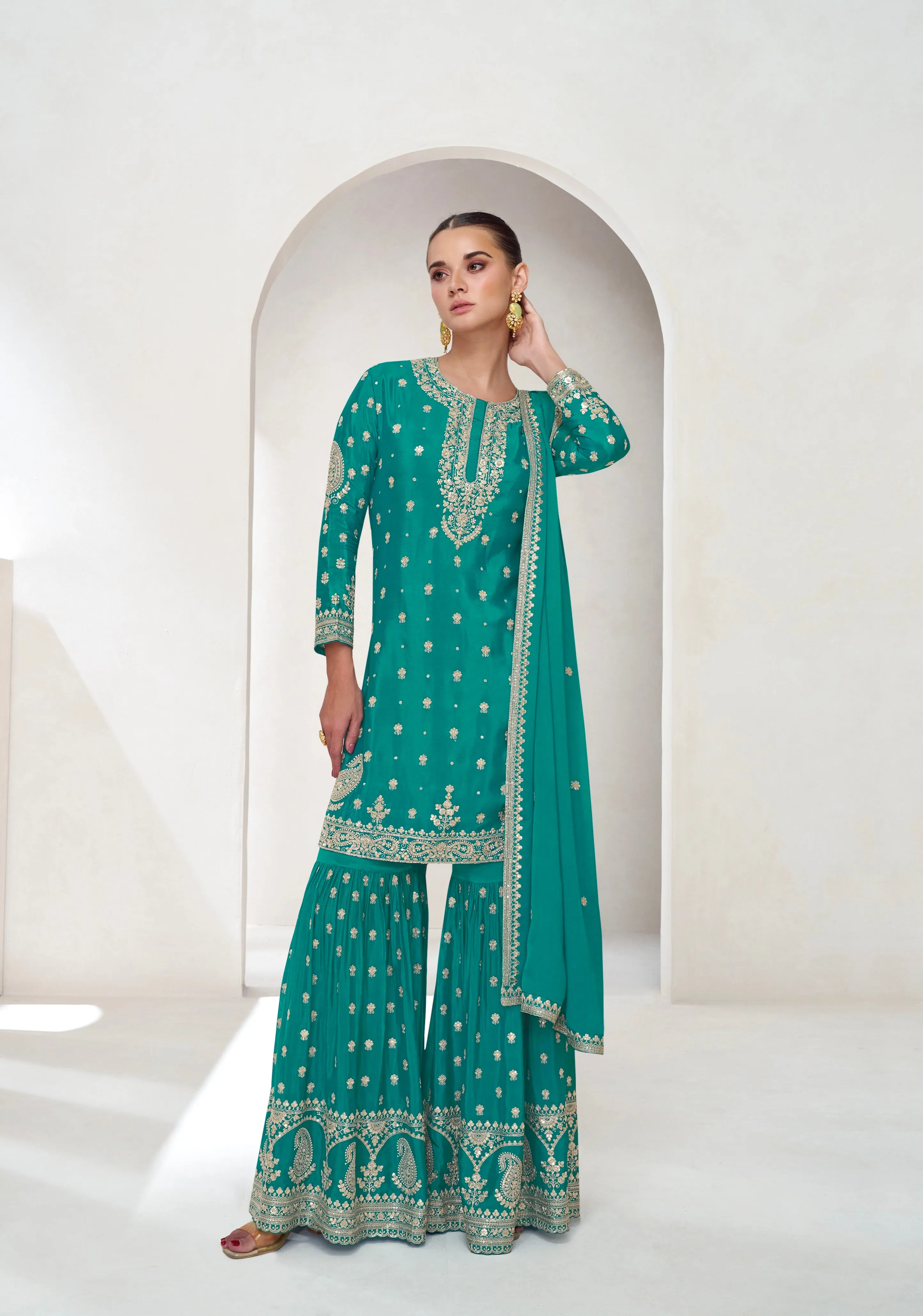 Turquoise Green Embroidered Premium Chinnon Silk Sharara Suit
