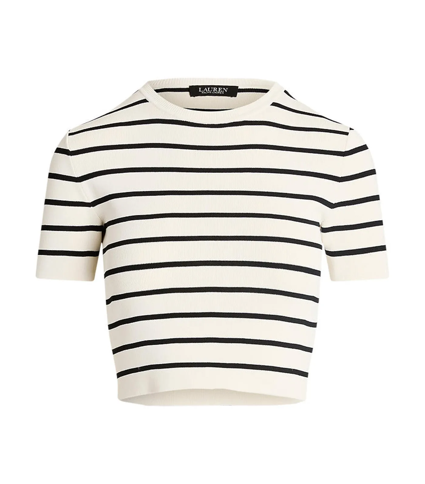Women's Striped Short-Sleeve Cropped Sweater Mascarpone Cream/Black