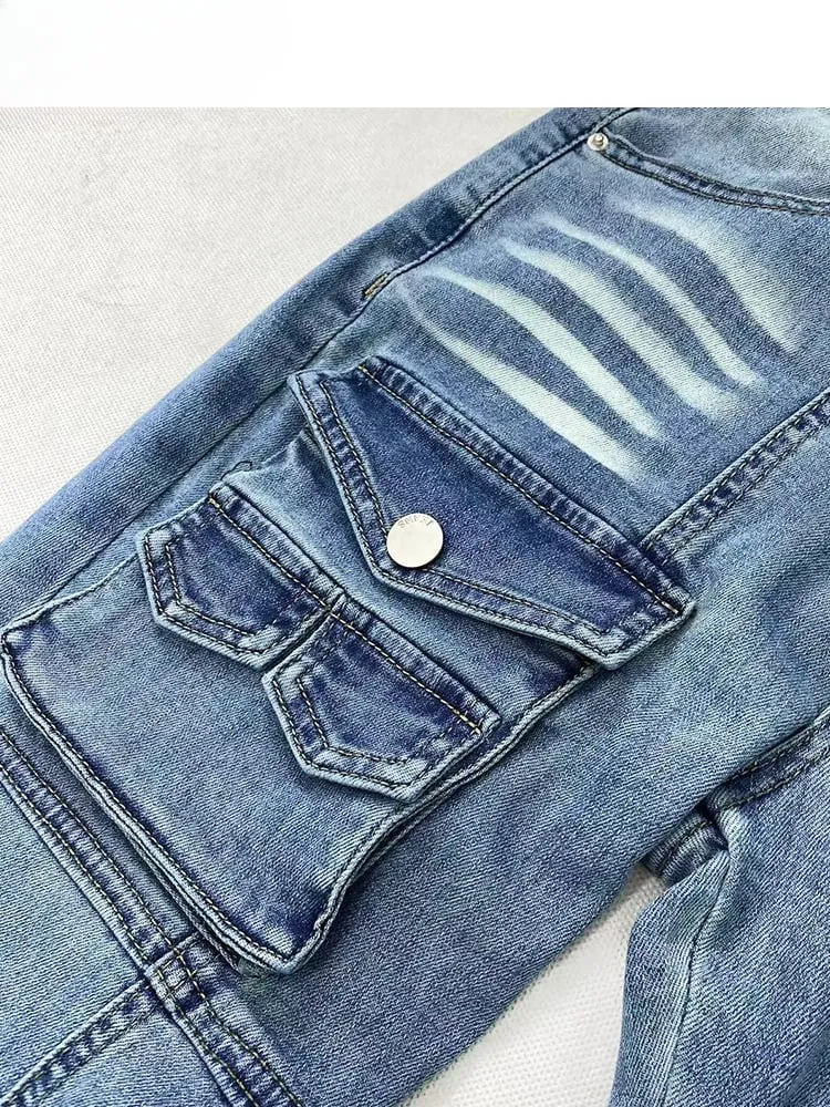 Y2K Vintage Light Blue Low Waist Flared Denim Glamorous Jeans with Cargo Pockets