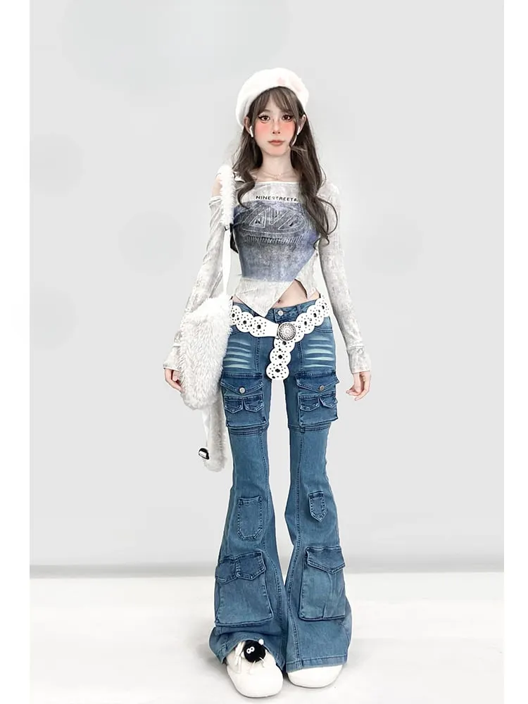 Y2K Vintage Light Blue Low Waist Flared Denim Glamorous Jeans with Cargo Pockets
