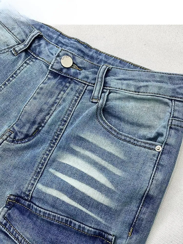 Y2K Vintage Light Blue Low Waist Flared Denim Glamorous Jeans with Cargo Pockets